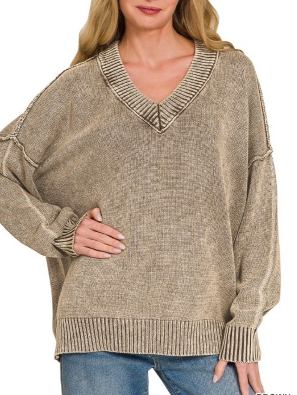Women’s V-Neck Oversized Sweater - Taupe